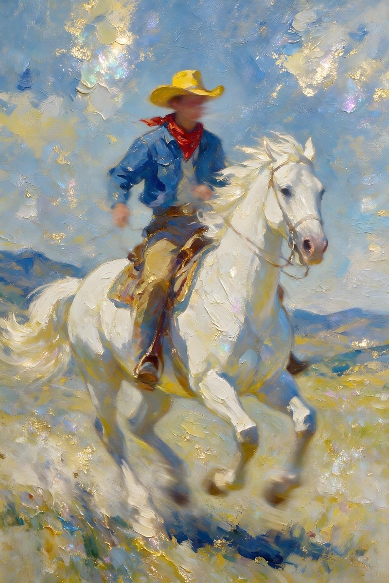 一幅画意十足、印象派风格的画面，描绘了一位骑在马背上的牛仔。这位牛仔头戴黄色帽子，围着红色围巾，身穿蓝色夹克。他的脸因运动模糊而难以辨认。马是白...
