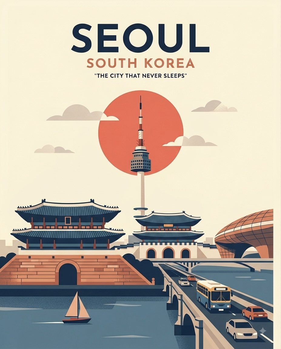 为 [DESTINATION / CITY, COUNTRY]（目的地 / 城市，国家）创作一幅极简、高端的复古风格旅行海报，灵感源自经典中世纪旅行印刷品的视觉语言。 使用简洁、精致的构图，搭...