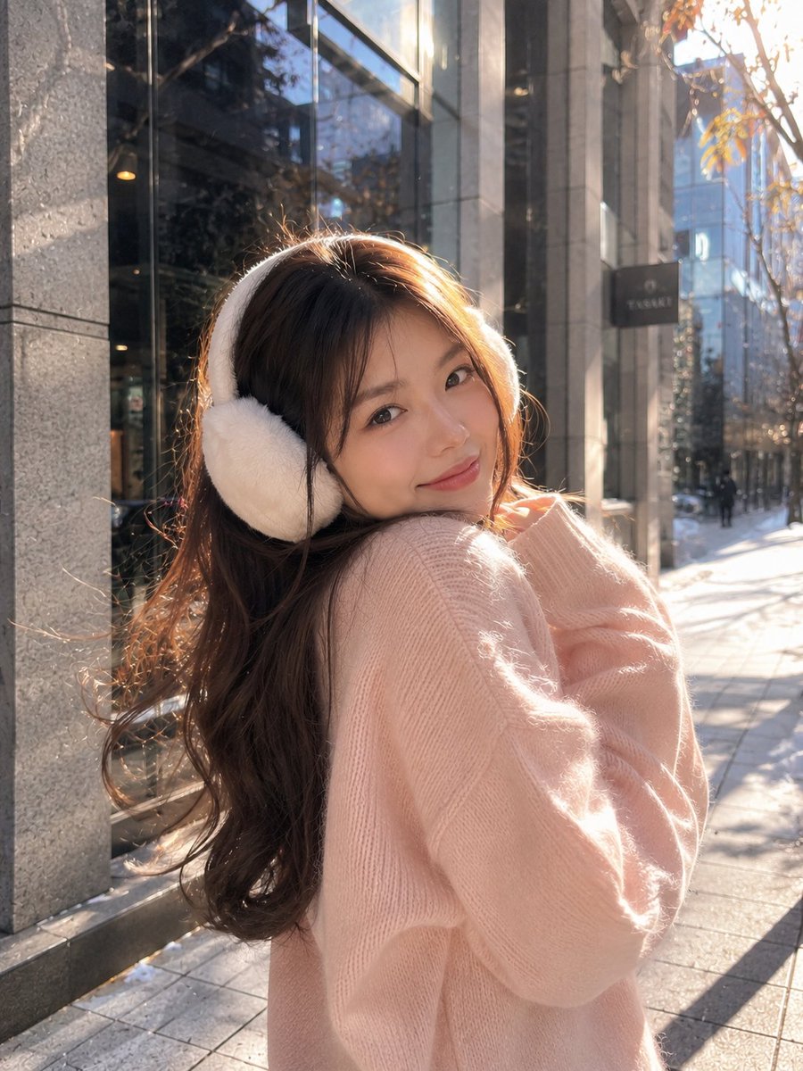 一幅温馨的冬季街头人像照，画面中一位年轻女子站在现代都市的户外环境中，身穿一件柔软的 oversize 腮红粉针织毛衣，头戴蓬松的白色耳罩。她拥有一头光泽感十足的长深棕色卷发，呈现松散的波浪造...