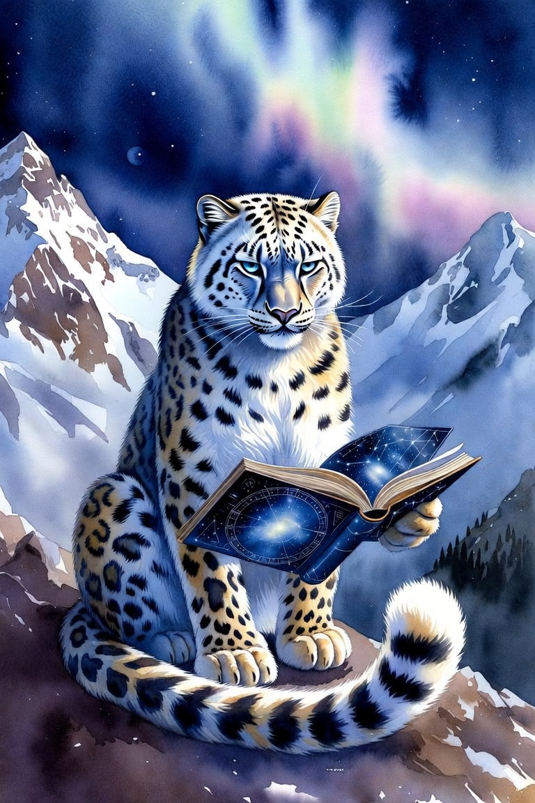 午夜时分，喜马拉雅山峰上，一只雪豹正在阅读一本星座之书，魔幻现实主义风格，柔和粉彩水彩绘制于带有纹理的纸张之上，意境梦幻 --ar 3:2