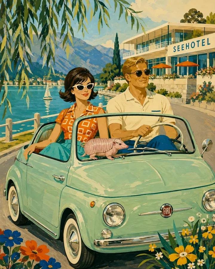 世纪中叶旅行广告插画，画面中有[HUMANS]骑着[VEHICLE]，并有[ANIMAL]相伴。为他们穿上使用[PALETTE]配色的[CLOTHING]。将场景置于[SCENERY]中，用茂...