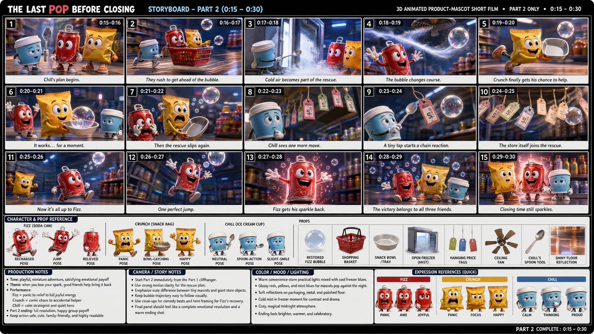 为一部30秒的3D动画产品吉祥物短片创建一张完整专业的故事板分镜图，仅展示故事的第2部分（0:15到0:30）。 故事标题： “关门前的最后一口...