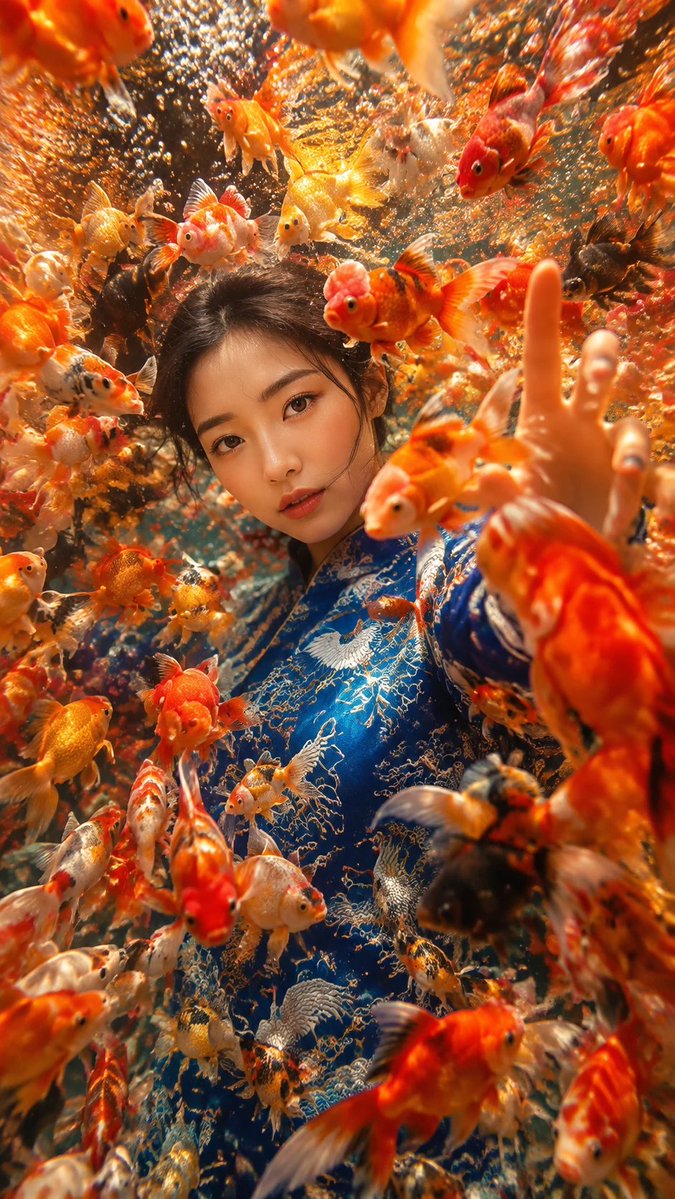 一部电影感十足、超写实的水下摄影作品，聚焦于一个密集旋转的漩涡，由成千上万条五彩斑斓的金鱼组成。无数条狮子头、朱文锦、兰寿和扇尾金鱼（深红、深橙...