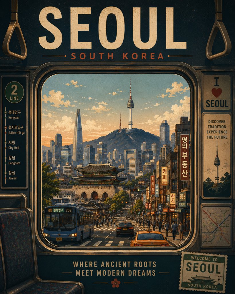 为 [CITY]、[COUNTRY] 创作一款高端复古编辑风旅行海报，灵感源自经典中世纪旅游海报与精致的复古平面设计。 创意概念 ——“穿越城市之旅”： 从当地一种可识别的交通工具内部展现目的...