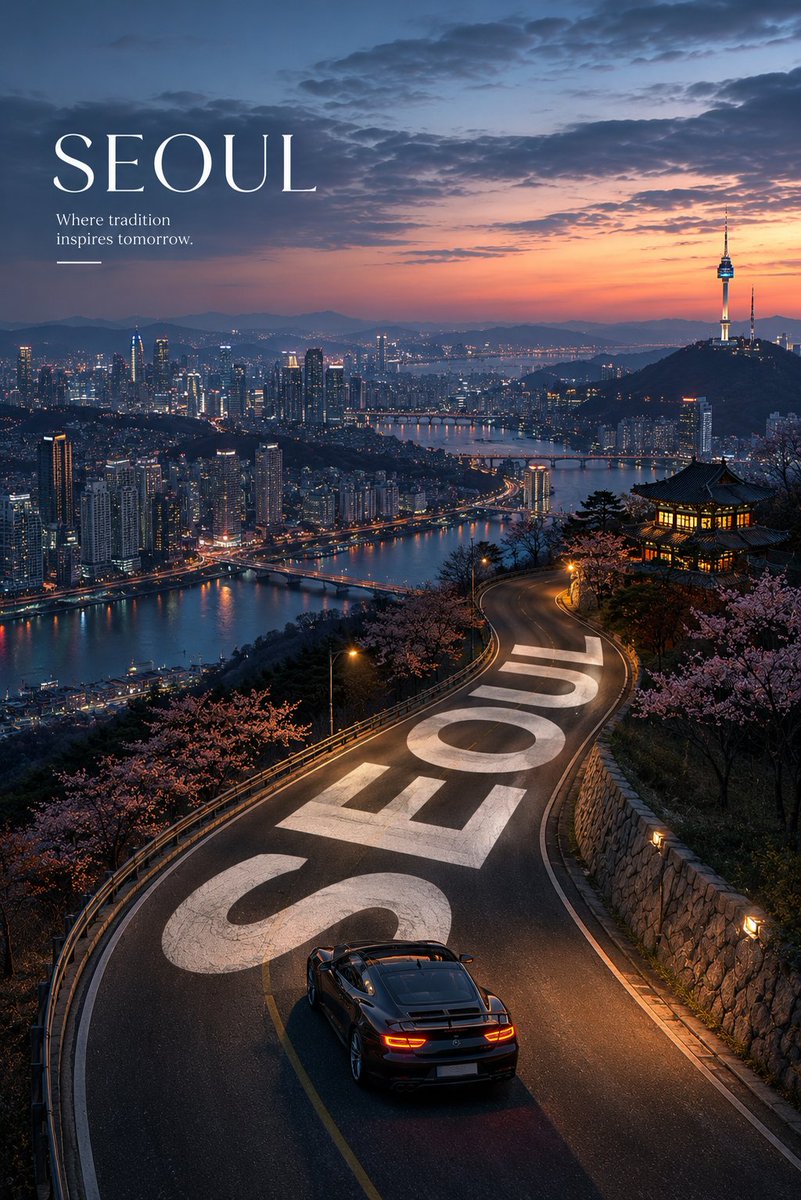 为 {LOCATION} 创作一张高端旅游宣传海报，采用强烈的竖向构图，以高空的航拍或景观视角俯瞰。一条绵长蜿蜒的公路应占据前景主导地位，并自然弯曲延伸至目的地最具辨识度的景观、地标、海岸线、...