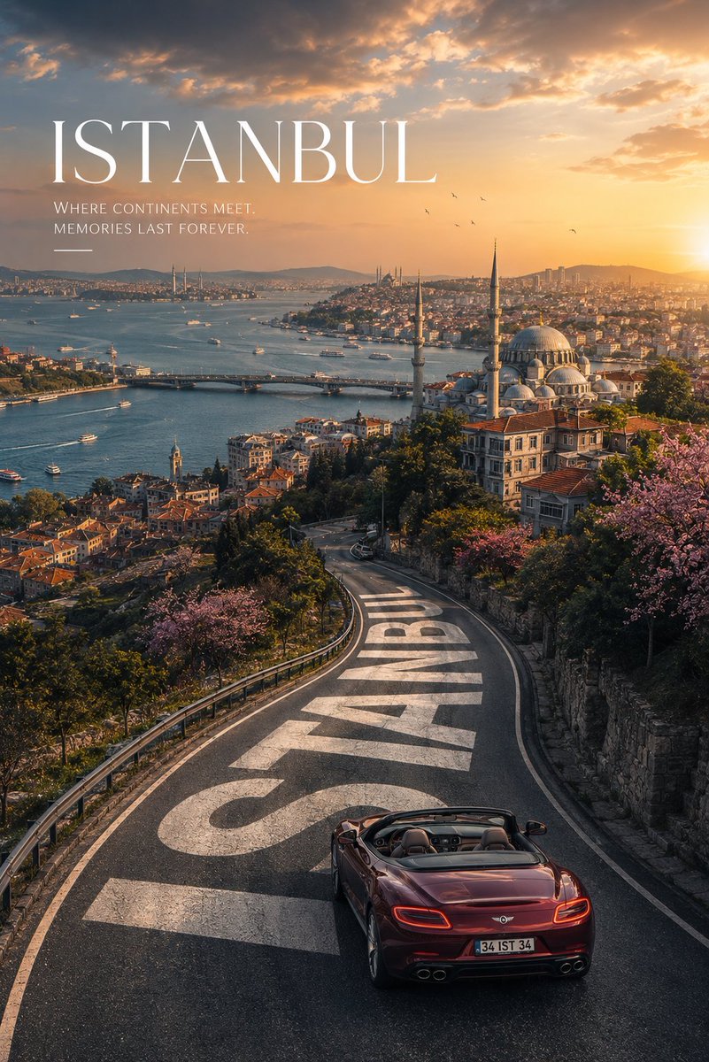 为 {LOCATION} 创作一张高端旅游宣传海报，采用强烈的竖向构图，以高空的航拍或景观视角俯瞰。一条绵长蜿蜒的公路应占据前景主导地位，并自然弯曲延伸至目的地最具辨识度的景观、地标、海岸线、...