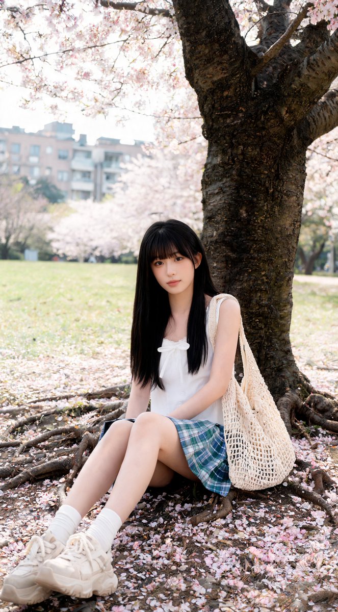[Seedream 5.0 lite Prompt] ar 9:16 4K 一位年轻东亚女性，长长的黑色直发，刘海整齐，坐在一棵大树下方的地面上...