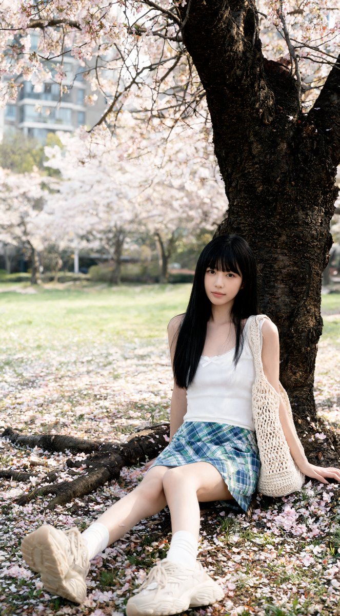 [Seedream 5.0 lite Prompt] ar 9:16 4K 一位年轻东亚女性，长长的黑色直发，刘海整齐，坐在一棵大树下方的地面上，轻轻靠在那棵深色粗壮的、树根裸露的树干上。她表...
