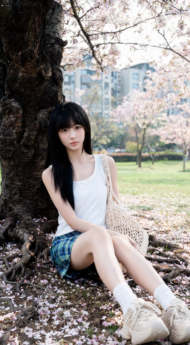 [Seedream 5.0 lite Prompt] ar 9:16 4K 一位年轻东亚女性，长长的黑色直发，刘海整齐，坐在一棵大树下方的地面上，轻轻靠在那棵深色粗壮的、树根裸露的树干上。她表...