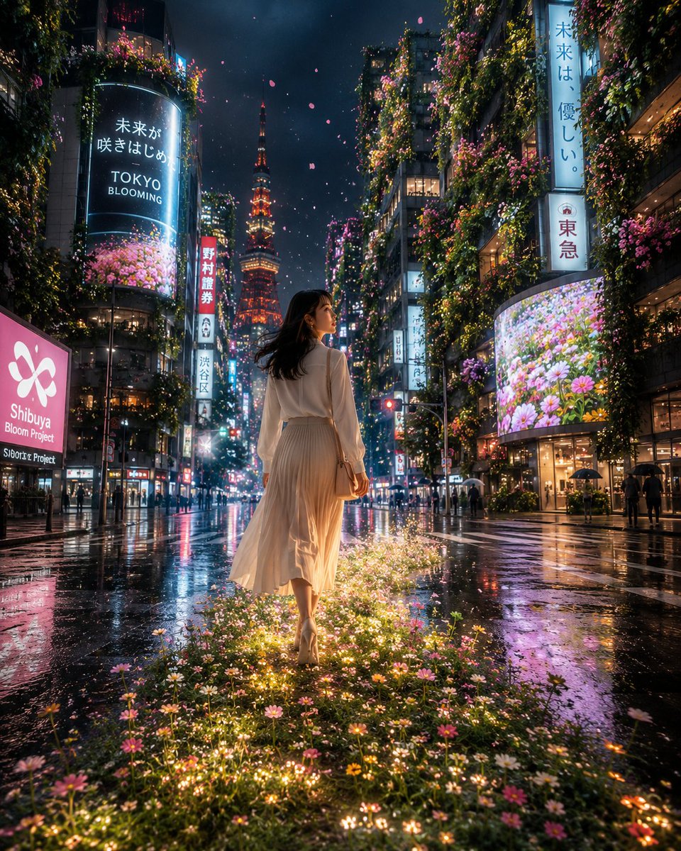 当东京开始绽放 🌸🌃 一座由混凝土和霓虹灯构建的城市发现，大自然只是在等待有人迈出第一步。 她并没有逃离水泥丛林。 她教会了它如何绽放。🌸 ✨...