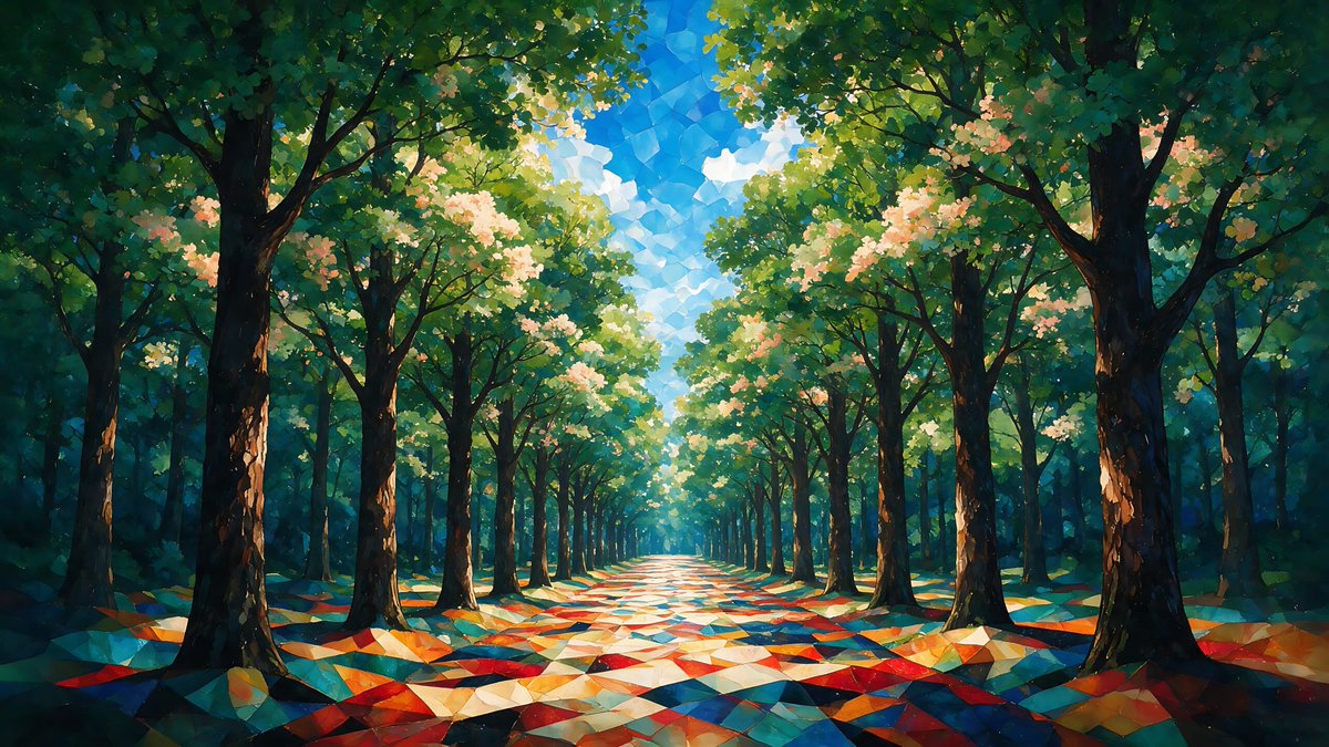 一幅高度精细的风格化美术森林场景，具有梦幻般的马赛克绘画美学，围绕一条对称的林荫大道和一个生动的宝石色调色彩世界构建。高大的深色树皮树木从两侧矗...