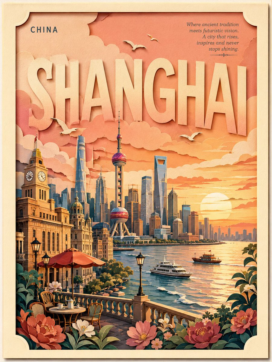 复古分层剪纸风格旅行海报，主题为{LOCATION}，竖版构图，带有米色纹理边框和微妙的投影。巨大醒目的目的地标题融入天空之中，左上角有小号国家...