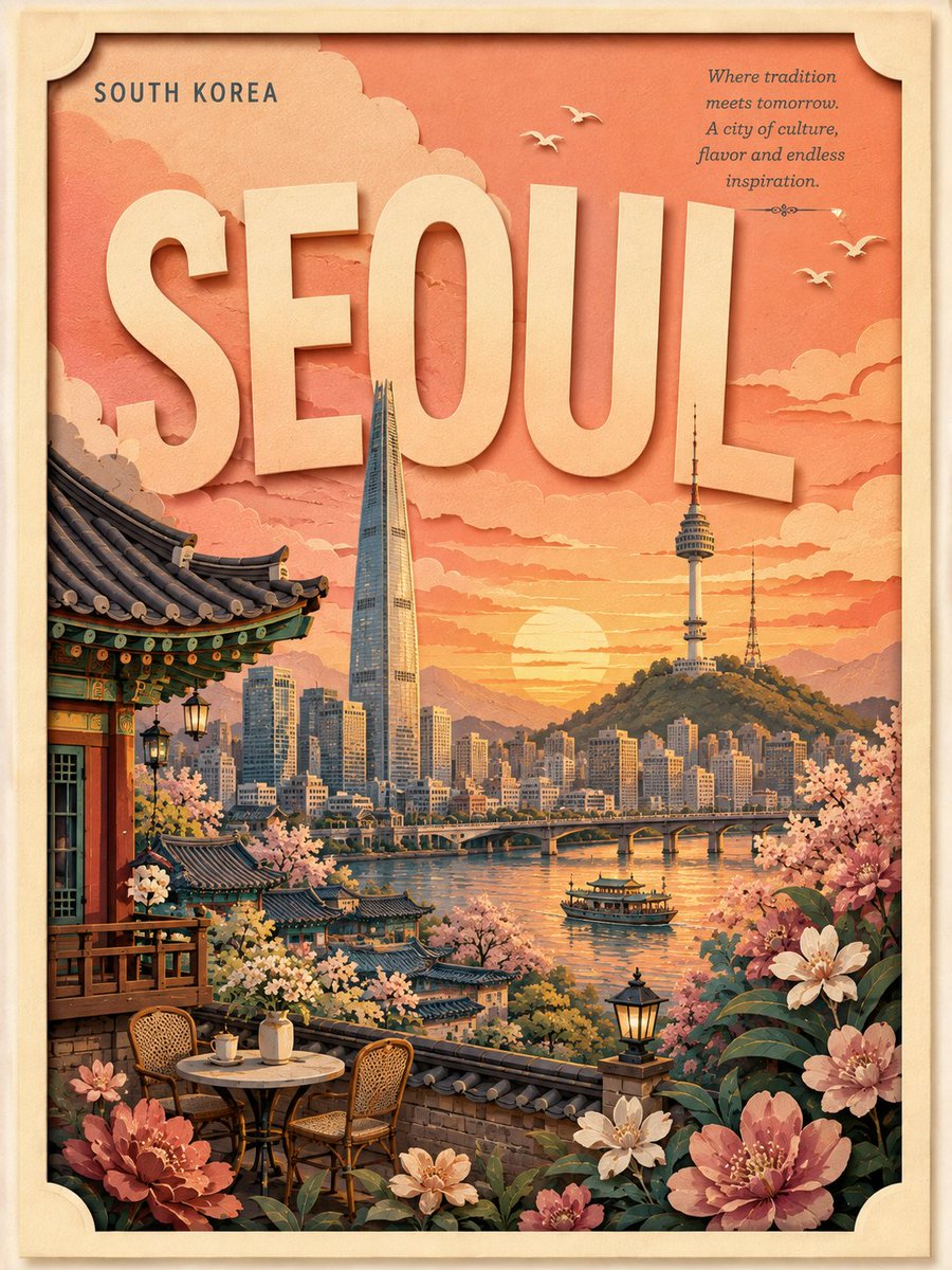 复古分层剪纸风格旅行海报，主题为{LOCATION}，竖版构图，带有米色纹理边框和微妙的投影。巨大醒目的目的地标题融入天空之中，左上角有小号国家标签，右上角有简短优雅的旅行推介文案。标志性的{...