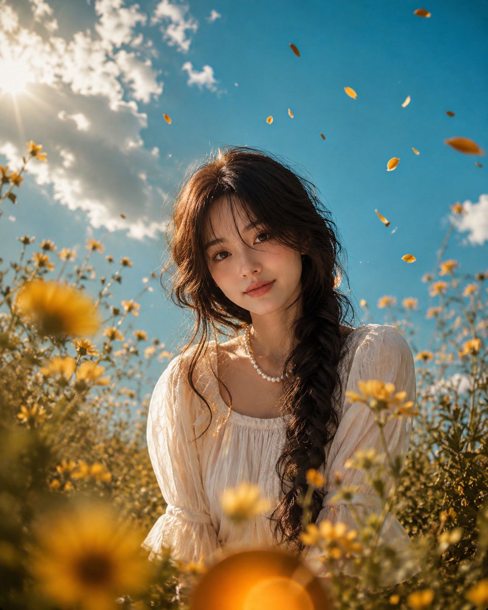 照片级真实感电影感照片，4:5 竖向画幅，从非常低的虫视角（贴草地/花丛高度）拍摄，使用广角镜头（24–28mm）。画面中央、胸部以下没入花丛的...