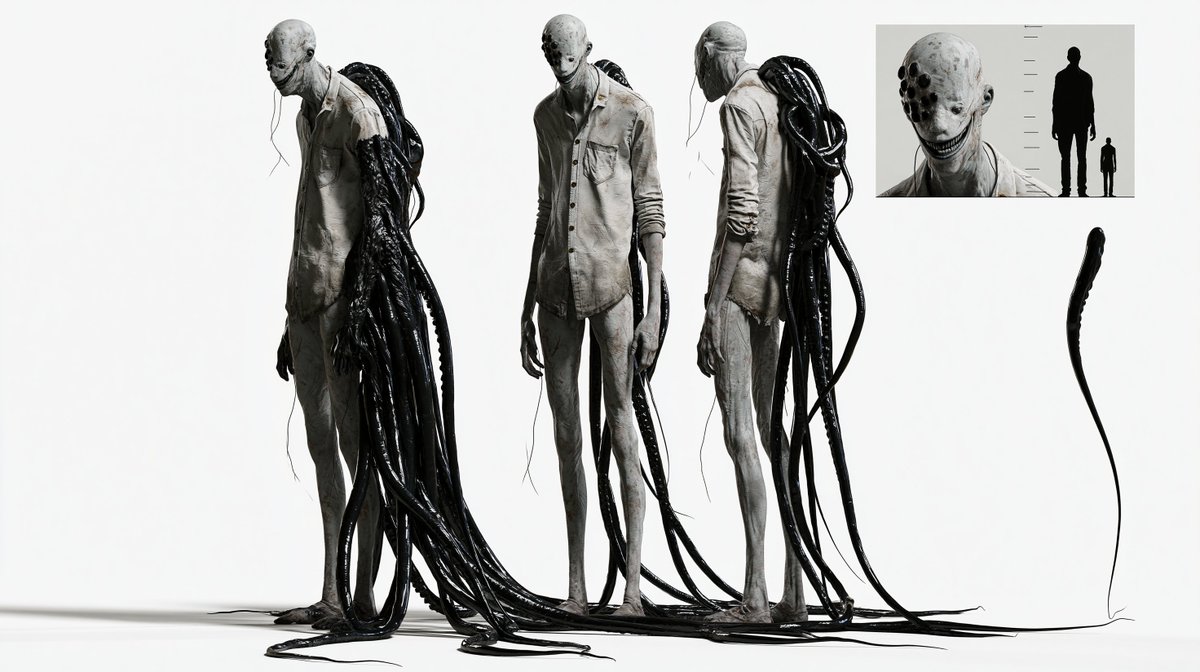 逼真 3D 生物设定图，纯白色影棚背景。一个荒诞的半人型生物——高挑瘦削，四肢细长，肩膀佝偻，比人类略大，皮肤苍白且带有斑驳纹理。它的头部近乎人...