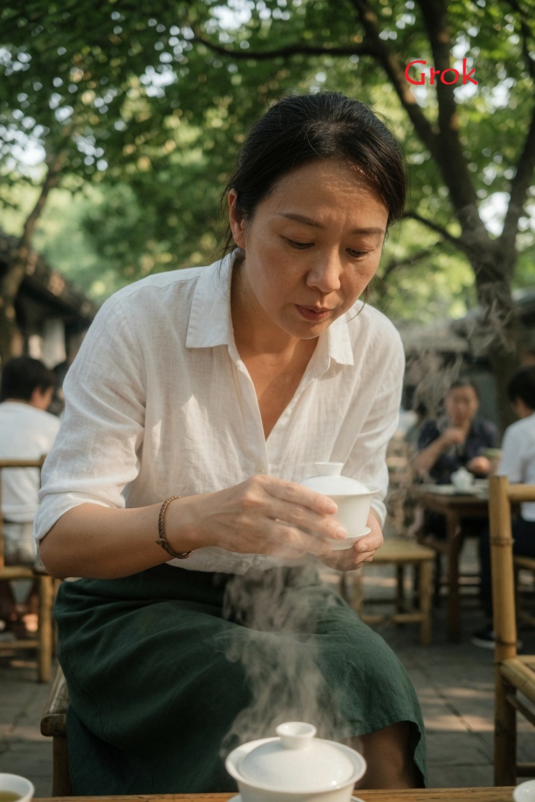 3:4 画幅，iPhone 17 后置摄像头，26mm 广角镜头拍摄的写实抓拍日常生活照片。 主体：成年中国女性，29 岁以上，身材纤细，身着宽松的白色亚麻衬衫，领口微敞，搭配深绿色及膝中长裙...