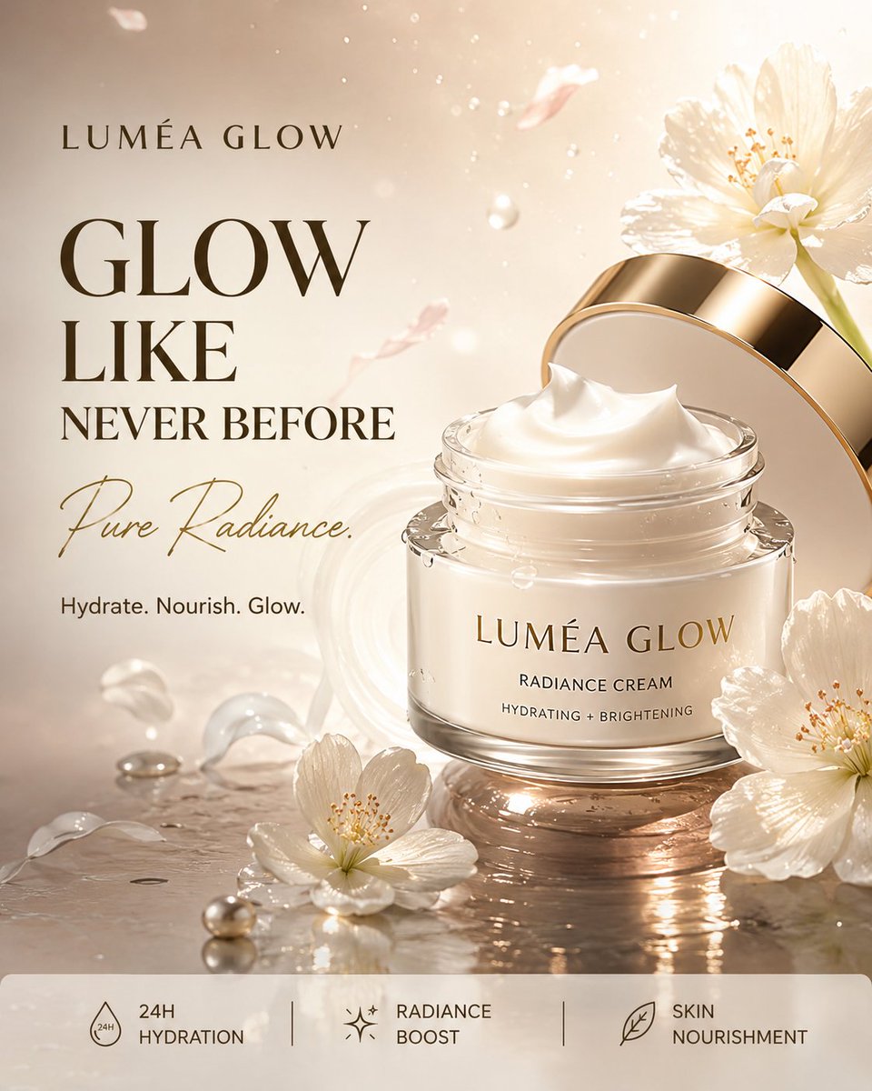 为一款名为“LUMÉA GLOW”的奢华面霜制作一张高端、照片级真实感的商业广告。竖版 4:5 构图，超写实 8K 美容产品摄影，高端护肤大片质...