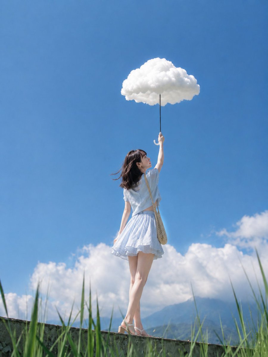 主題： 雲傘と夏空の散歩 主体： 鮮やかな青空の下、白い雲そのものを傘の天蓋のように掲げる女性の全身。人物は画面下半分の中央に小さめに立ち、巨大...