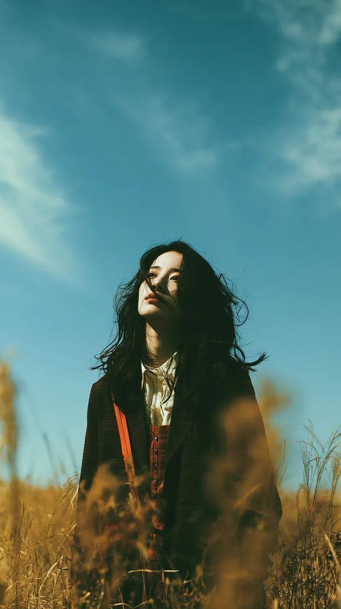 电影极简风格人像：一位美丽的年轻东亚女性独自站立在一片开阔的野花草地上，头顶是无尽的蓝天，她微微仰头，双眼或闭或半睁，仿佛在拥抱风。黑色长发自然蓬松、随风自由拂过面庞，肌肤柔润如瓷，五官精致，...