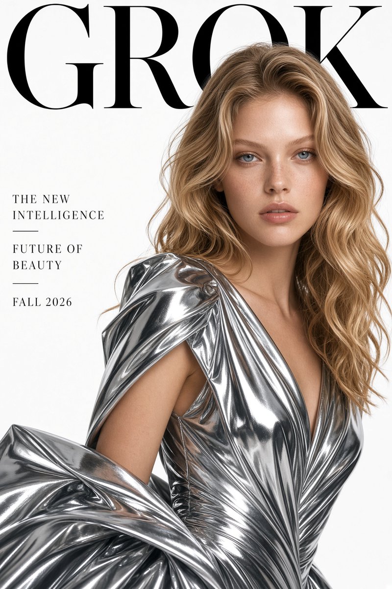 《GROK》高端时尚《Vogue》风格杂志封面。极近景特写镜头，模特令人惊艳：年轻女性，肤色白皙，柔软蜜金色头发如波浪轻柔垂落，蓝色眼眸大而慑人...