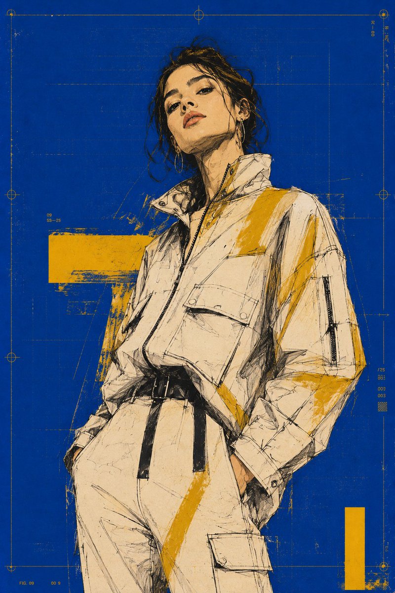 超高端竖版时尚科技海报，戛纳级收藏级宣传活动。年轻男/女模特，构图从腰部到大腿中部，略低角度，冷静自信的姿态，头部微微抬起并略倾，颈部线条修长。...