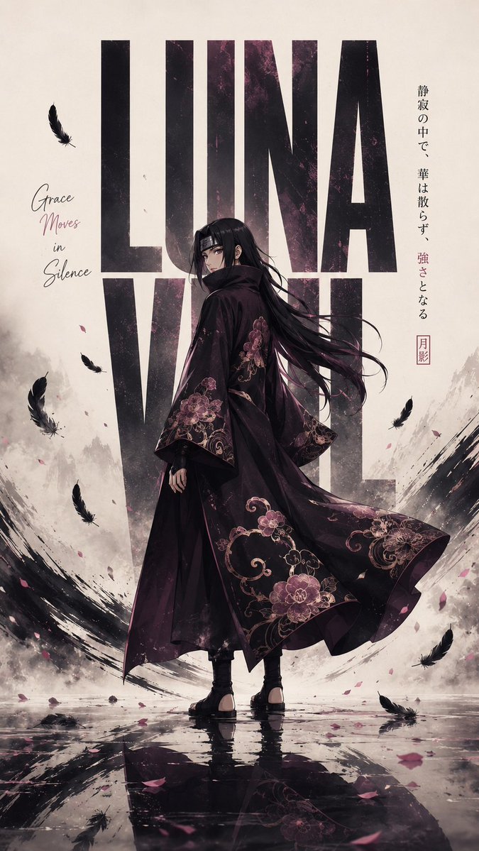 创作一张高级感、爆款级电影感动漫编辑海报，主角为神秘的[男性/女性]忍者，独自伫立在光洁反光的极简景观中，身体微微侧转回首望向观者，深色长发随风...