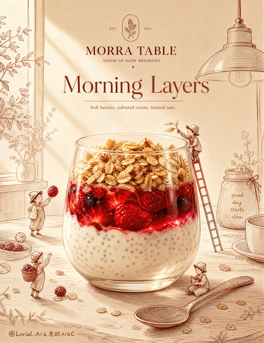 为原创生活方式咖啡品牌 MORRA TABLE 创作一张超高端的早餐帕菲广告海报，采用戛纳级别的编辑风格美食大片形式，营造温暖的家居插画场景氛围...