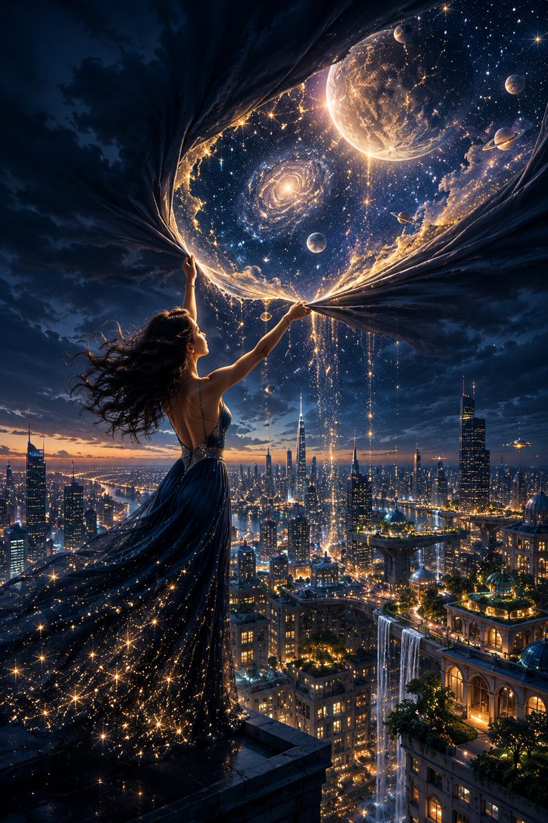 一幅令人叹为观止的电影级奇幻人像：一位美丽的女子站在摩天大楼的边缘，俯瞰着夜色中广阔的未来都市。她双手向上伸展，亲手将黑暗暴风雨的天空像巨大的丝...