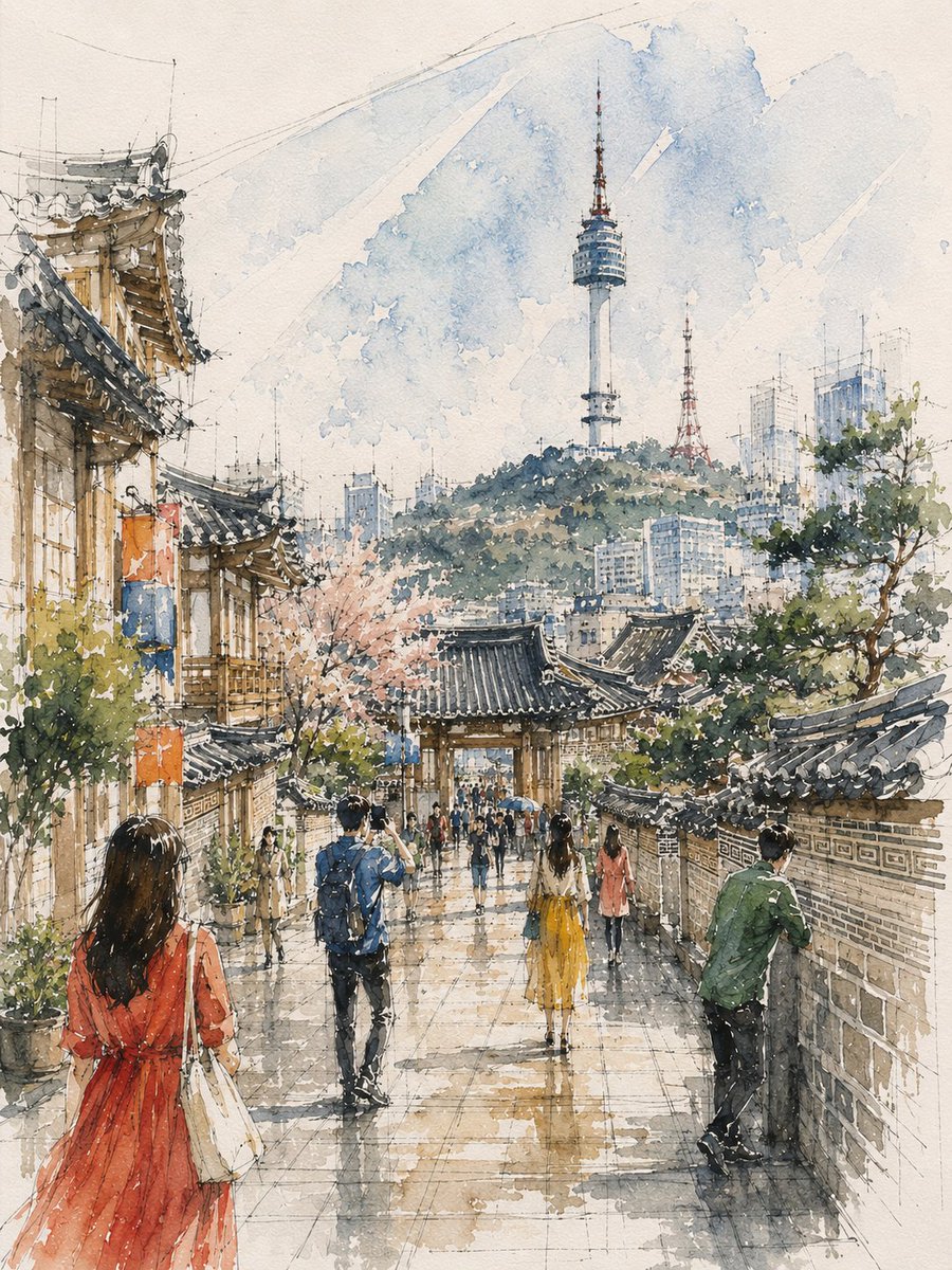 {地点 / 主体}内部一幅松散的水彩与钢笔速写，从{视角}望向{建筑焦点}，{中心特征}居中，{头顶建筑特征}悬于上方。墨线先行勾出，每一层水彩之上均保留可见——{建筑线描}与{地面 / 地板...