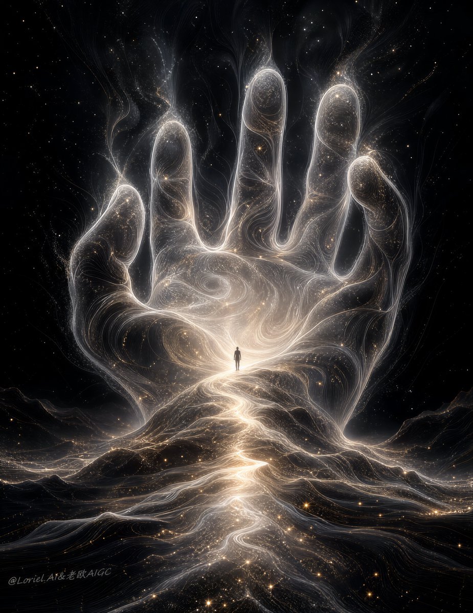 创作一幅极高端的竖版宇宙奇幻插画，在保留画面核心结构、情感张力与超现实的视觉层级的同时，进一步强化辐射状漩涡头部与全身云雾形态之间的融合，使整个...