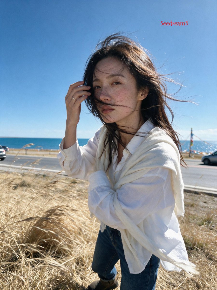 3:4，iPhone 17 后置摄像头搭配 26mm 广角镜头拍摄的写实抓拍照片。 主体：28 岁以上身材纤细的中国女性，身着宽松白衬衫、深蓝色牛仔裤、短靴，肩上披着柔软的披肩，手指上戴着简约...