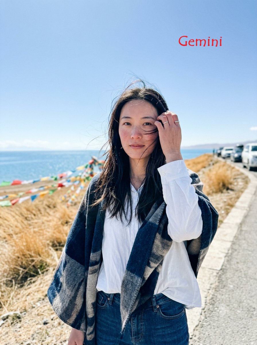 3:4，iPhone 17 后置摄像头搭配 26mm 广角镜头拍摄的写实抓拍照片。 主体：28 岁以上身材纤细的中国女性，身着宽松白衬衫、深蓝色牛仔裤、短靴，肩上披着柔软的披肩，手指上戴着简约...
