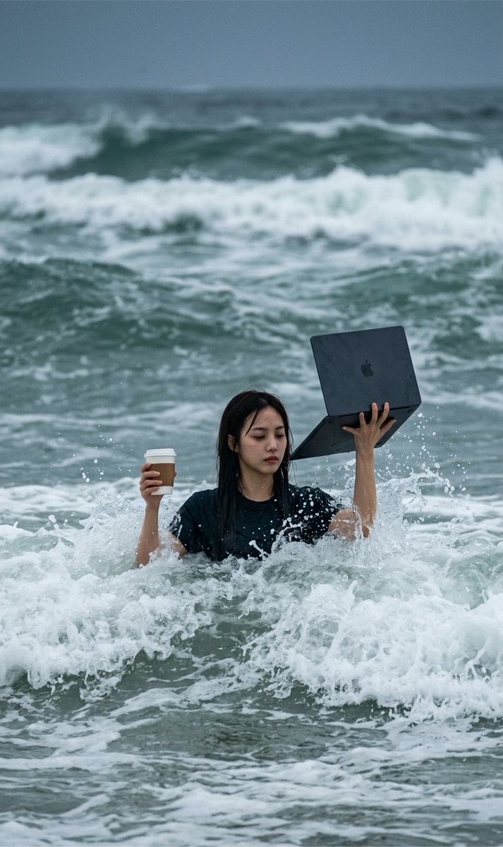 一张真实的抓拍风格照片，画面中的人物来自 [person from uploaded photo]，他/她站在齐胸深的汹涌海水中，周围是翻腾的大...