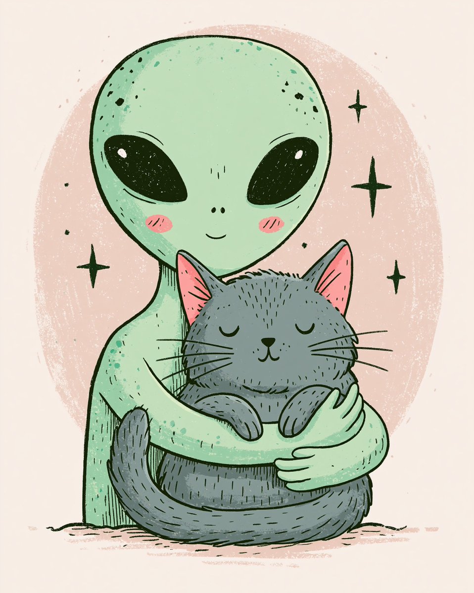 友善的外星人温柔地抱着一只放松的猫咪，异想天开又温馨感人的场景，不恐怖，手绘风格的插画，线条干净简洁，形状柔和圆润，表情富有表现力，柔和的粉彩色...