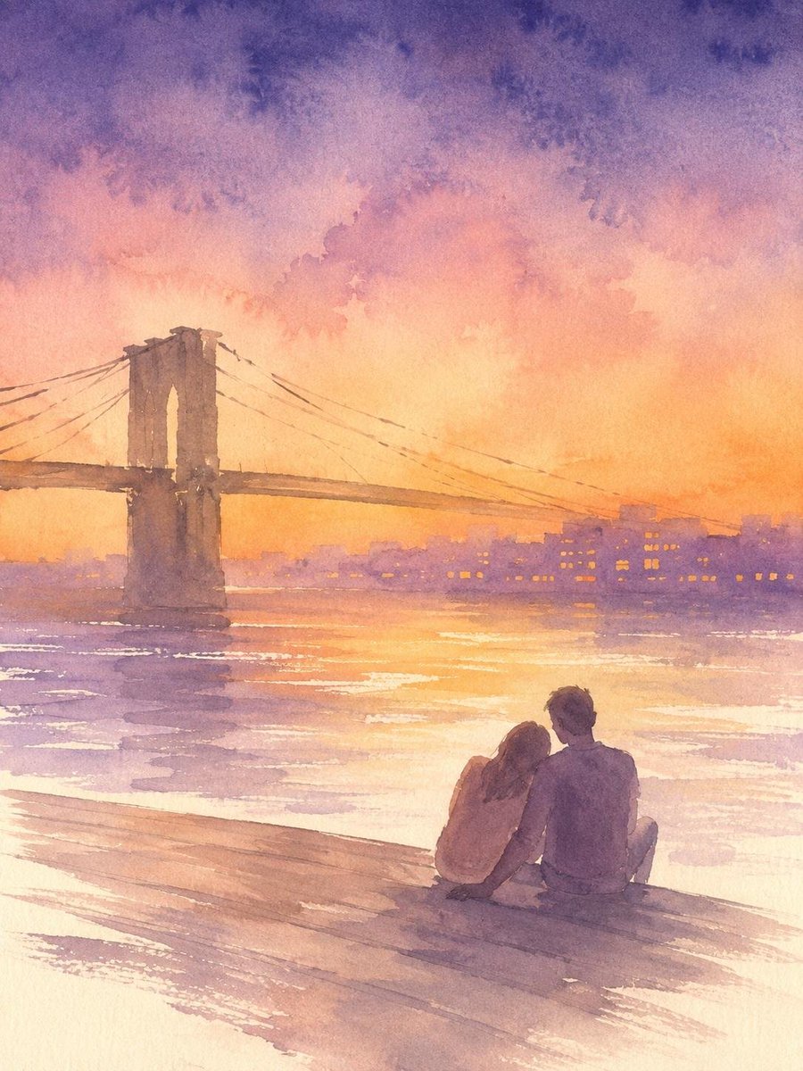 一幅从洛克菲勒中心观景台（Top of the Rock）日落时分绘制的松散湿润水彩画，向南眺望中城区，帝国大厦孤零零地从雾霭中升起。一对年轻的...