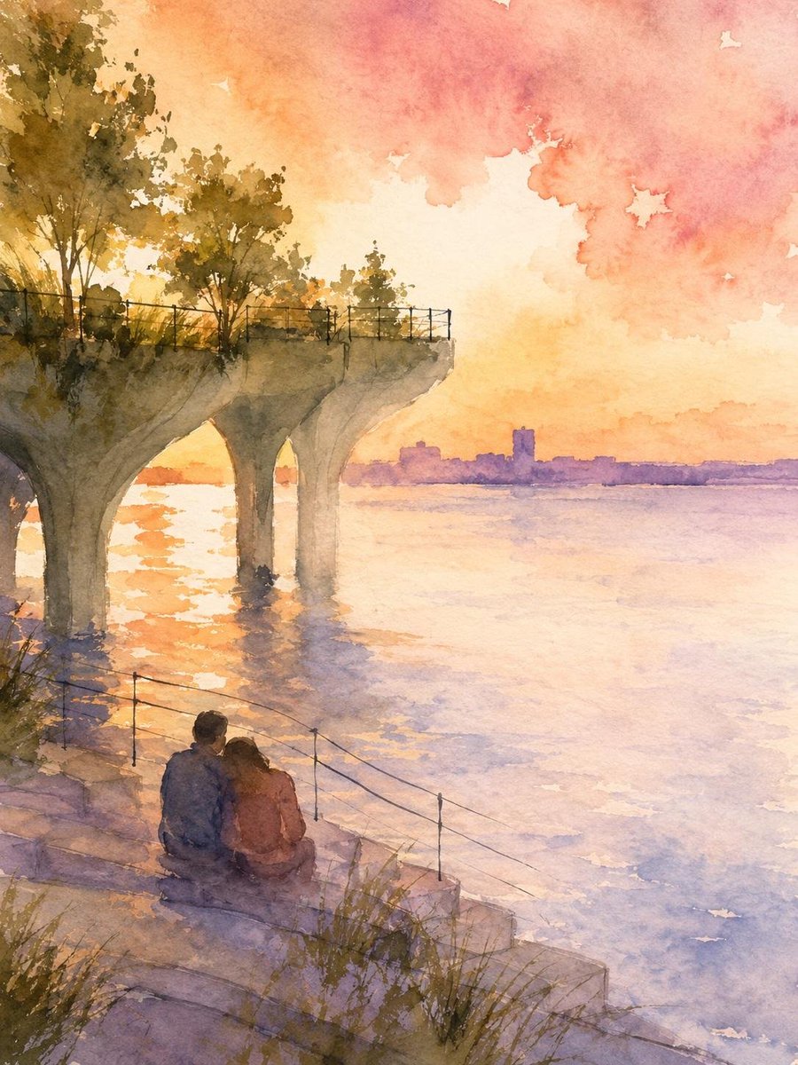 一幅从洛克菲勒中心观景台（Top of the Rock）日落时分绘制的松散湿润水彩画，向南眺望中城区，帝国大厦孤零零地从雾霭中升起。一对年轻的韩国情侣站在黄金分割点上，大约在画面 38% 处...