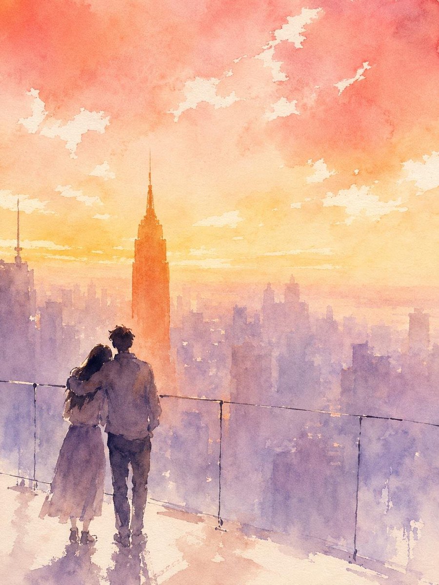 一幅从洛克菲勒中心观景台（Top of the Rock）日落时分绘制的松散湿润水彩画，向南眺望中城区，帝国大厦孤零零地从雾霭中升起。一对年轻的韩国情侣站在黄金分割点上，大约在画面 38% 处...