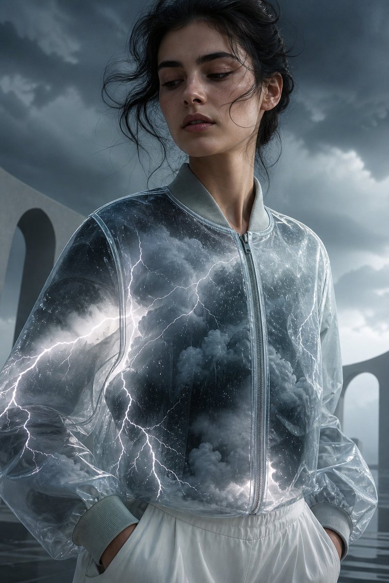 一位美丽的年轻女性，身着一件透明纸质纹理飞行员夹克，夹克内充满了实时雷暴——旋涡般的乌云、闪电、雨水在织物内部倾泻，超现实梦幻般的背景，空灵的光...