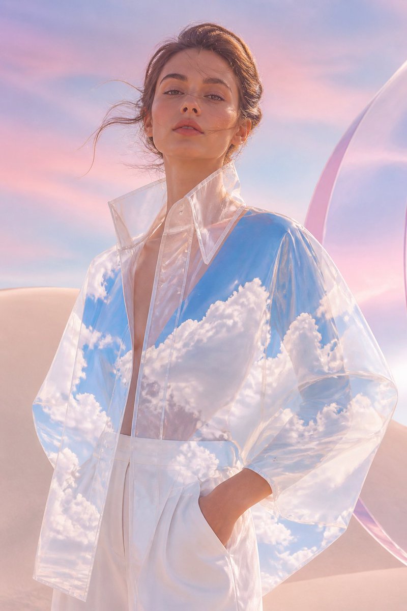 一位美丽的女性，身着一件轻盈如纸般透明的外套，外套内仿佛盛满了明媚的春日天空——洁白的蓬松积云、蓝色的天空斑块、面料上随微风轻轻荡漾的涟漪、超现...