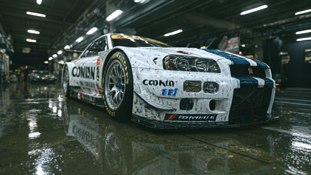 超写实的日产 Skyline GT-R R34 JGTC 赛车,真实的 Super GT 涂装,低暗调工作室打光,湿润碳纤维与光泽车漆,极度精细...