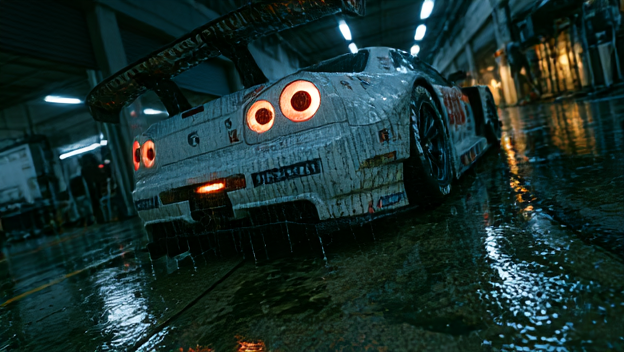 超写实的日产 Skyline GT-R R34 JGTC 赛车,真实的 Super GT 涂装,低暗调工作室打光,湿润碳纤维与光泽车漆,极度精细的轮胎,赞助商贴纸与空气动力学套件,照片级真实感...