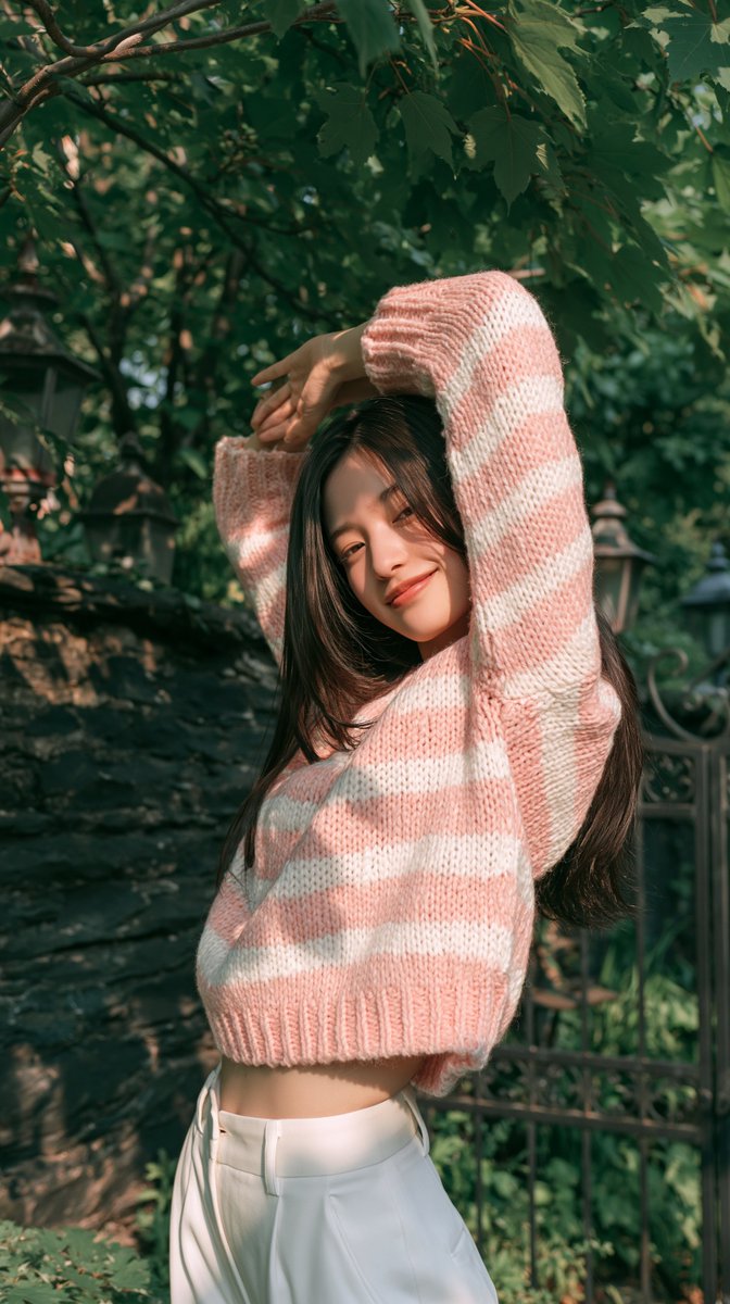 一张年轻女子在葱郁绿色花园中的自然随性户外生活方式人像。她俏皮地伸展身体，双臂举过头顶，在脸庞周围形成柔和的拱形；头部微微倾斜，带着温柔而俏皮的微笑。她留着长而笔直的深棕色头发，皮肤呈现真实自...
