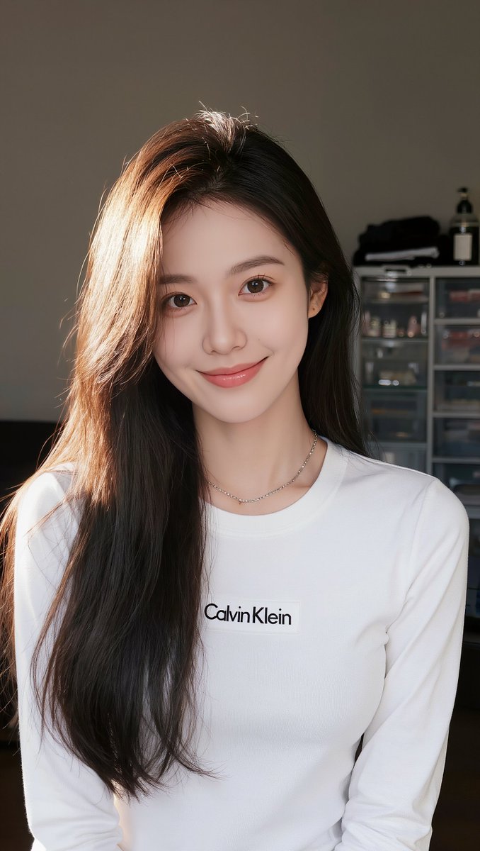 [Kling 01 提示词] ar 9:16 2K 一位年轻东亚女性的写实特写自拍照，拥有一头柔顺笔直的深棕色长发，发缝略偏一侧，垂落于右肩。她...