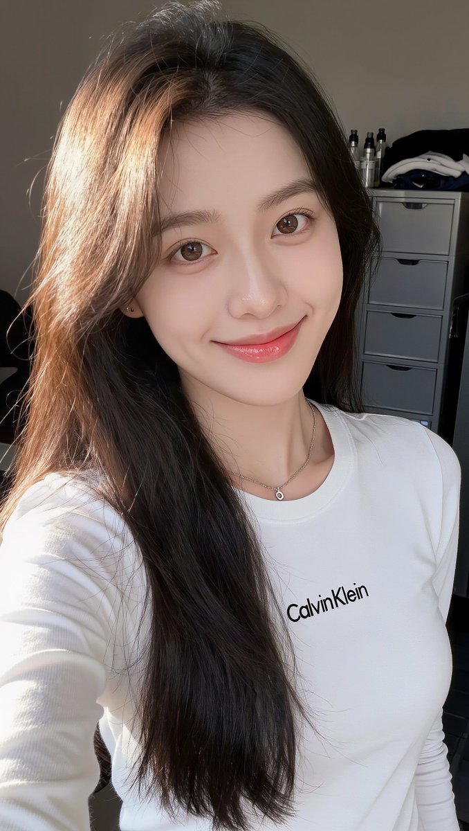 [Kling 01 提示词] ar 9:16 2K 一位年轻东亚女性的写实特写自拍照，拥有一头柔顺笔直的深棕色长发，发缝略偏一侧，垂落于右肩。她拥有柔和发光、呈现自然妆容的肌肤，浅粉色光泽双唇...