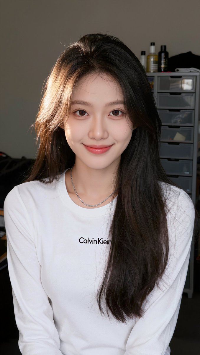 [Kling 01 提示词] ar 9:16 2K 一位年轻东亚女性的写实特写自拍照，拥有一头柔顺笔直的深棕色长发，发缝略偏一侧，垂落于右肩。她拥有柔和发光、呈现自然妆容的肌肤，浅粉色光泽双唇...