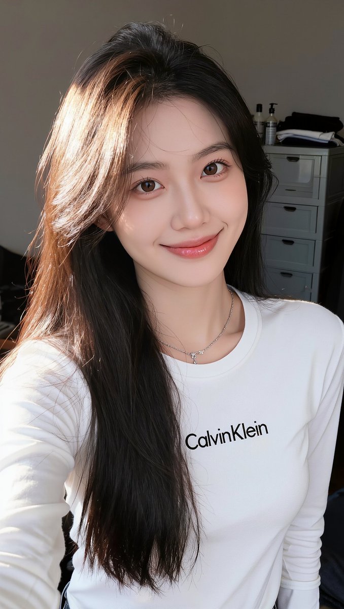 [Kling 01 提示词] ar 9:16 2K 一位年轻东亚女性的写实特写自拍照，拥有一头柔顺笔直的深棕色长发，发缝略偏一侧，垂落于右肩。她拥有柔和发光、呈现自然妆容的肌肤，浅粉色光泽双唇...