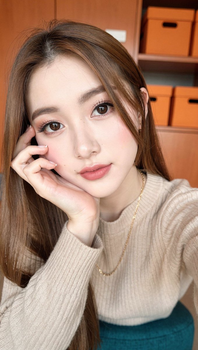 [FLUX.2 Pro 提示词] ar 9:16 2K 一张年轻东亚女性的近距离自拍式肖像，她有着长而顺直的丝滑长发，柔和的暖棕色挑染垂落在肩头。她拥有白皙的瓷感肌肤、天然妆容下的大而深邃的深...