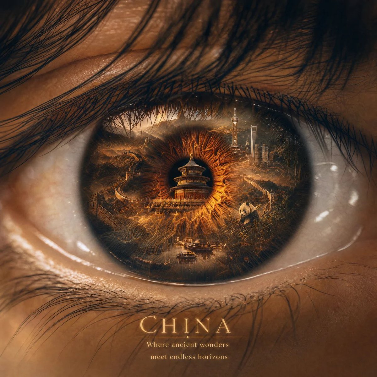 创作一张令人惊叹的 4:5 竖版超写实电影级人像，呈现一只美丽的人类眼睛，采用极致的微距特写镜头，细节惊人。 这只眼睛成为通往 [COUNTRY] 的魔法之窗。在虹膜内部，与虹膜纤维错综复杂的...