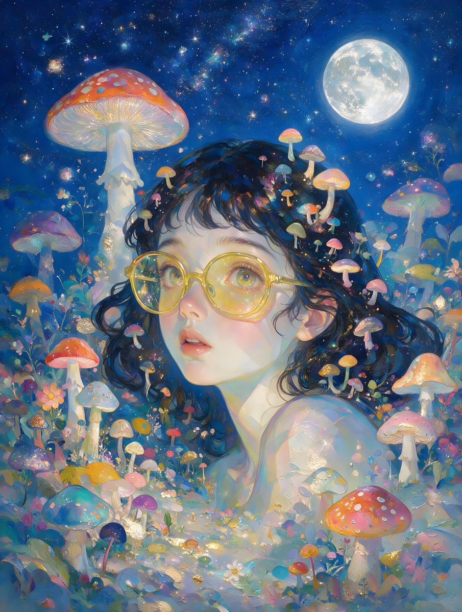 一幅超现实主义肖像画，描绘了一位年轻女性，她有着深色波浪卷发，戴着大大的圆形黄色镜片眼镜。她被一个充满活力的迷幻景观所环绕，景观中有超大尺寸的蘑...