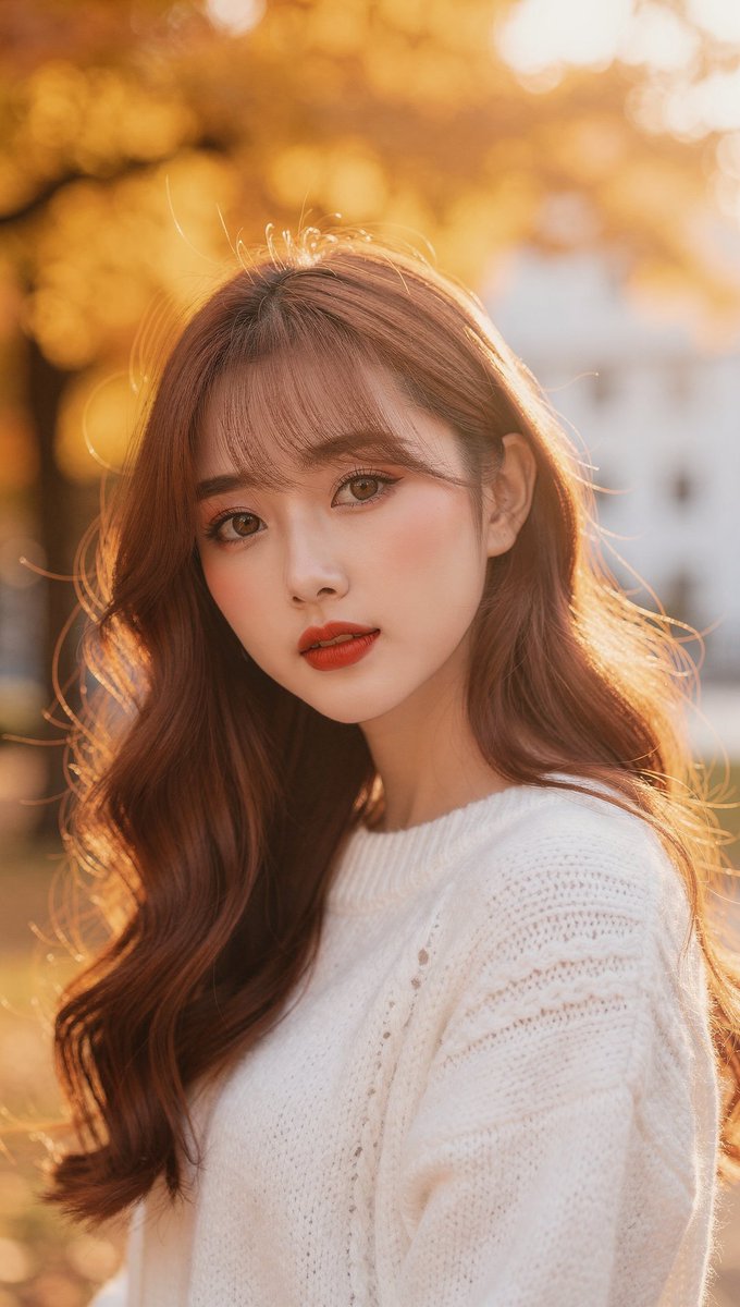 [FLUX.2 Max Prompt] ar 9:16 2K 一位年轻东亚女性的特写肖像，留着波浪状的红棕色长发，柔和的刘海修饰着脸庞，以温和、...